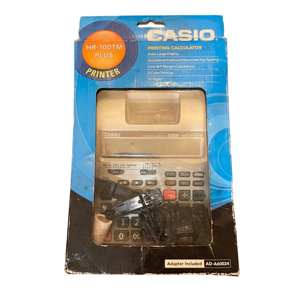 Casio Printing Calculator Unisex Silver HR-100TM Plus 12-Digit AC Adapter OS